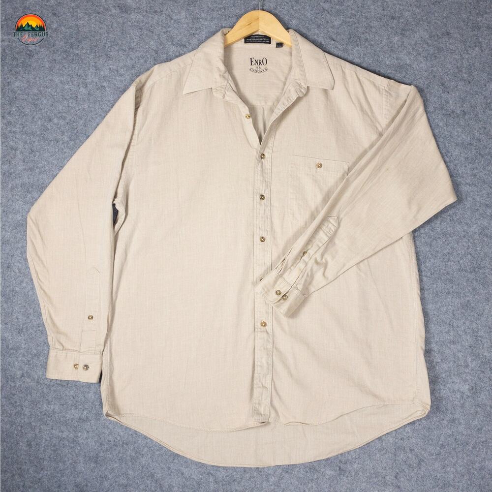 ENRO Casuals Button-Up Shirt Beige Cotton Long Sleeve Collared Men's 17 34/35